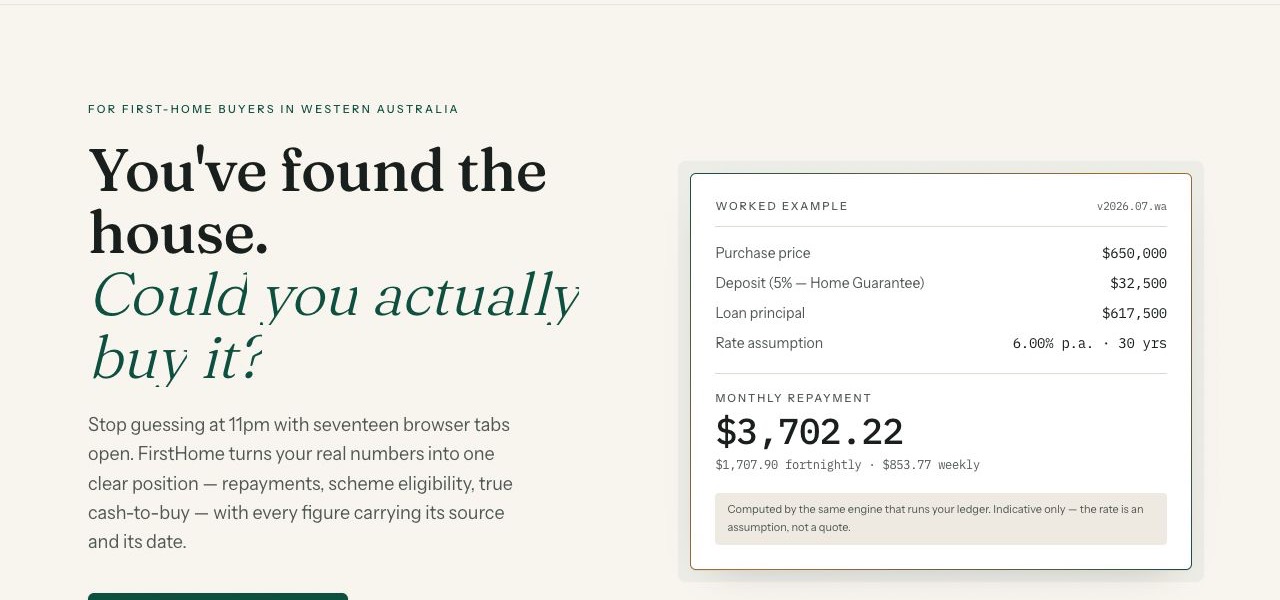 FirstHome Navigator prototype showing a fictional property and repayment scenario