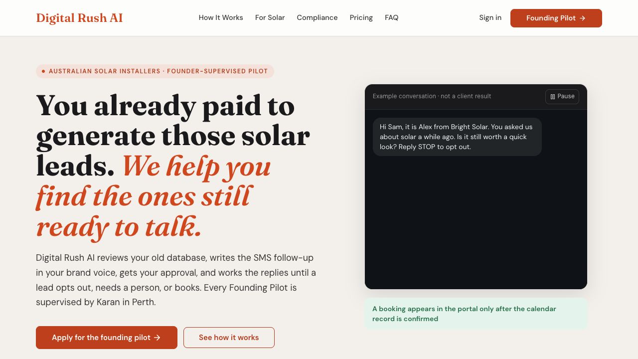 Lead Reactivation product page with a clearly labelled example text conversation