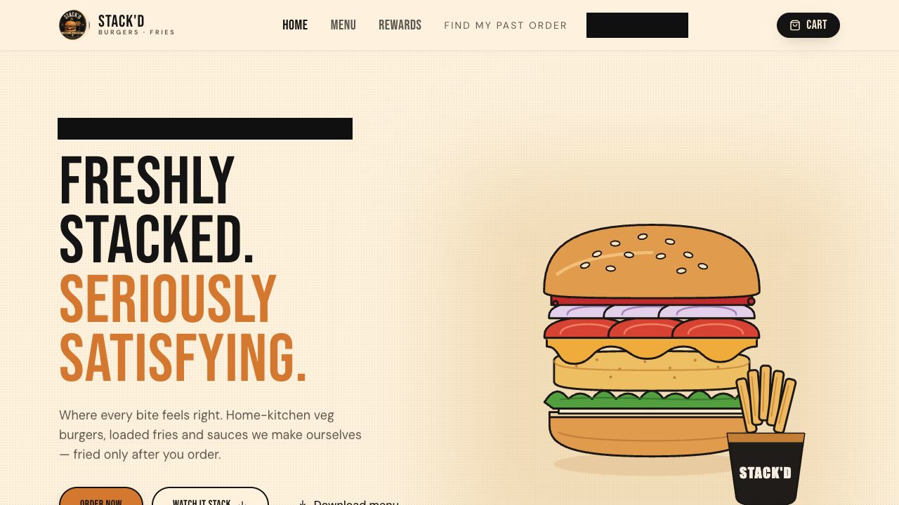 Stackd Burgers work-in-progress homepage with contact and location details redacted