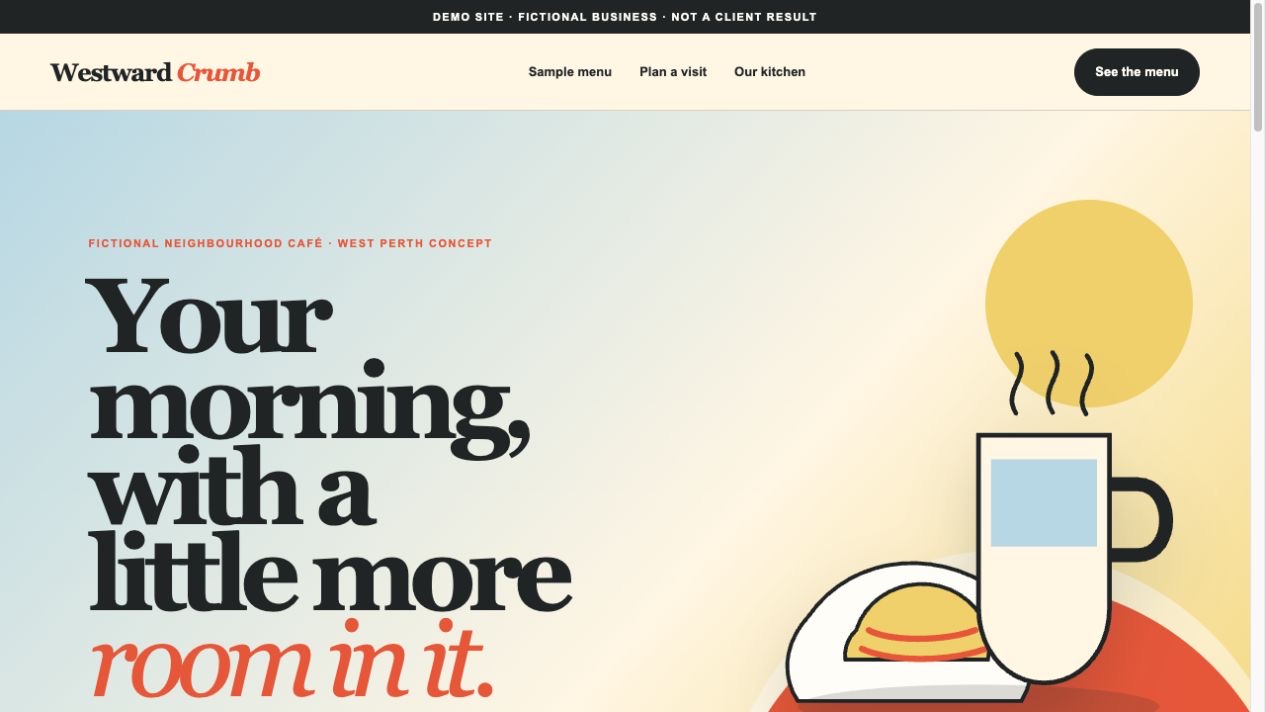 Westward Crumb fictional café demo with a sample menu and illustrated coffee setting
